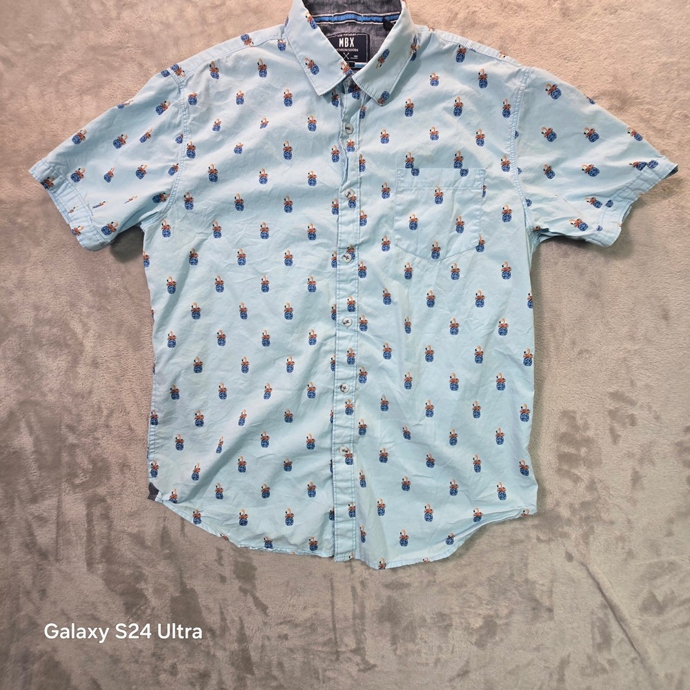 MBX Premium Goods Mens Large Blue Flamingo Pineapple Print Short Sleeve Shirt